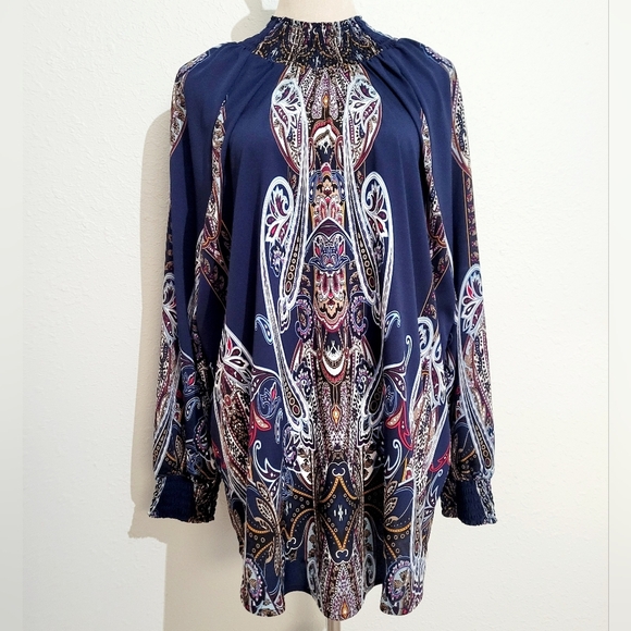 CHICO'S Paisley Smocked Mock-Neck Top Blouse Woman's Size XL (3) - Picture 2 of 12
